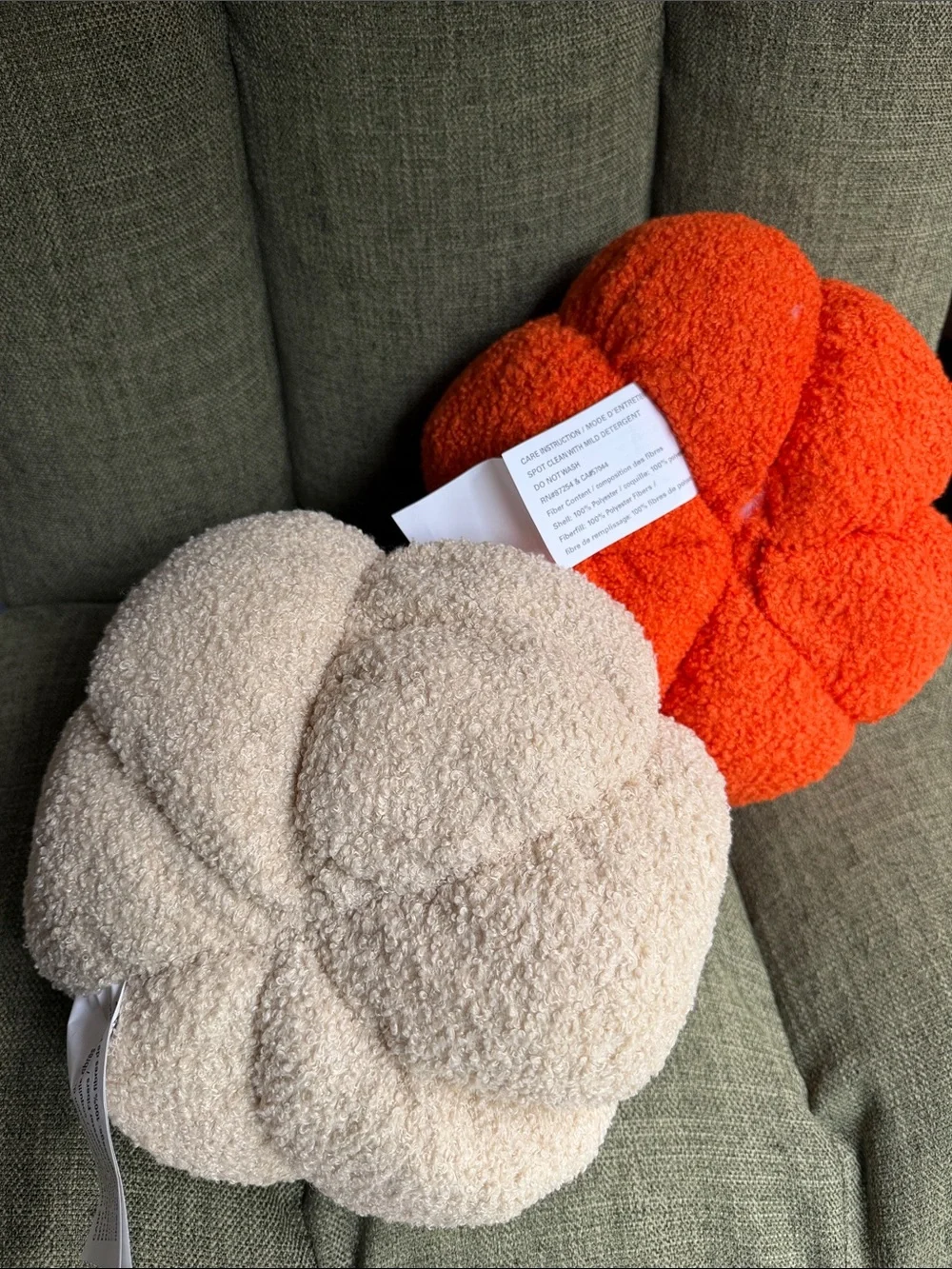Set of 2 Sherpa Pumpkin Pillows Cream & Orange Boucle Plush Fall Decor NWT